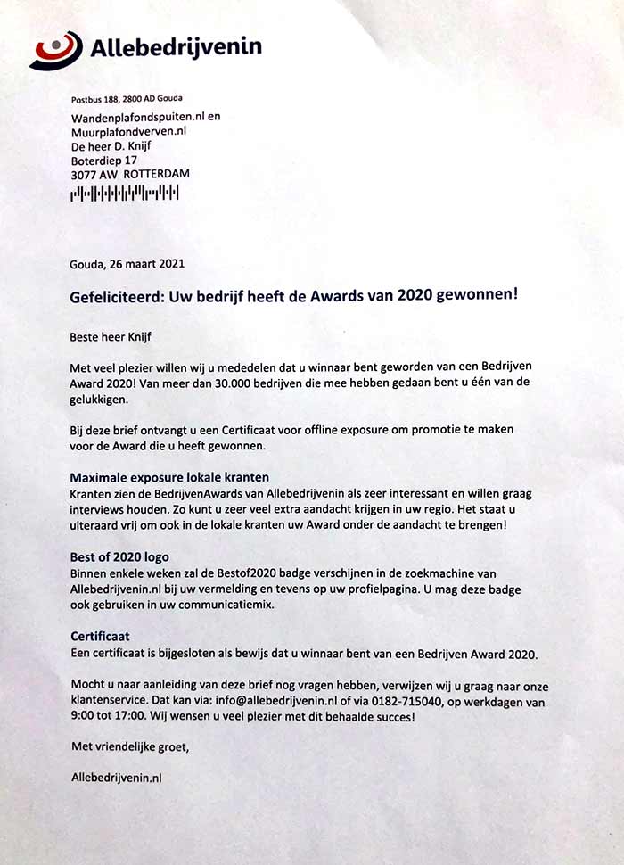 oorkonde klanttevredenheid voor Wandenplafondspuiten.nl voor het jaar 2019