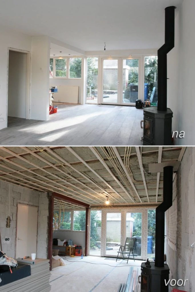 plafond woonkamer voor en na het stucen